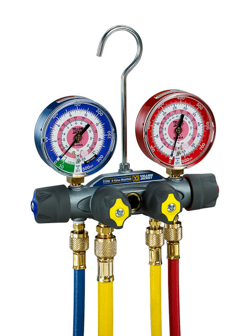 Yellow Jacket Titan 4-Valve Test Manifold R/B Gauges Bar/PSI Fahrenheit R410A with 60 in. Plus II Compact Ball Valve RYB and 3/8in. x 40 Deg. - 49960