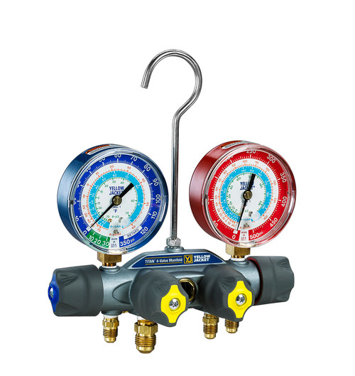 Yellow Jacket Titan 4-Valve Test Manifold Only with R/B Gauges PSI Fahrenheit R22/134a/404A - 49983