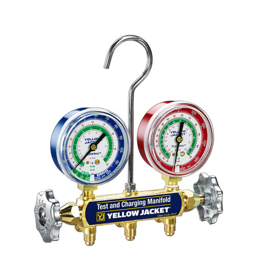 Yellow Jacket Series 41 Manifold Only with 2-1/2 in. Fahrenheit Red/Blue Gauges PSI R12/22/502 - Clamshell - 41212