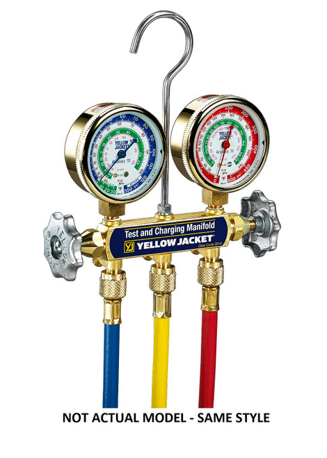 Yellow Jacket Series 41 Deluxe Manifold with Class 1 Brass Gauges PSI R-22/134a/404A, 60 in. Plus II RYB Hoses and Standard Fittings - 42435