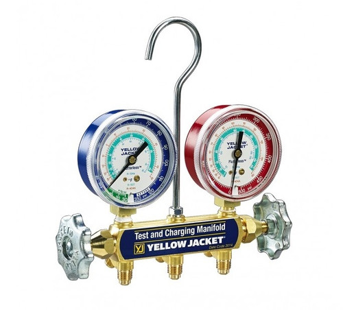 Yellow Jacket Series 41 Manifold with 2-1/2 in. Fahrenheit Red/Blue Gauges PSI R134a/404A/507, 36 in. RYB Original HA Hoses and Case - 41314