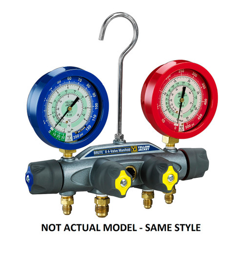 Yellow Jacket Brute II 4-Valve Commercial Manifold with F/C Liquid Gauges Bar/PSI R22, 3 at 3/8in. x 60in. Heavy Duty Straight x 45 Deg. and 1 at 1/2in. x 60in. Heavy Duty Straight x Straight - 46084