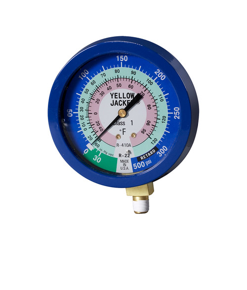Yellow Jacket 3-1/2 in. 90 mm Blue Compound Liquid-Filled Manifold Gauge Fahrenheit 30in.-0-300 PSI, R22/410A - 49516