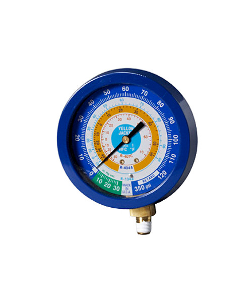 Yellow Jacket 3-1/2 in. 90 mm Blue Compound Liquid-Filled Manifold Gauge Fahrenheit 30in.-0-120 PSI, R134a/404A/407C - 49518