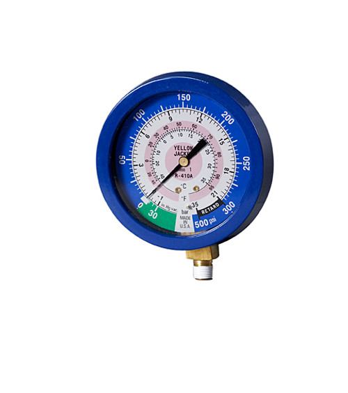Yellow Jacket 3-1/2 in. 90 mm Blue Compound Liquid-Filled Manifold Gauge F/C 30in.-0-300 PSI, -1 to 21 Bar, R410A - 49520