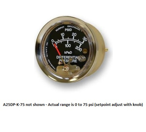 Murphy 0-75 PSI Differential Pressure Swichgage 2.5 in. w/ Knob Adjusting Face Contact - A25DP-K-75