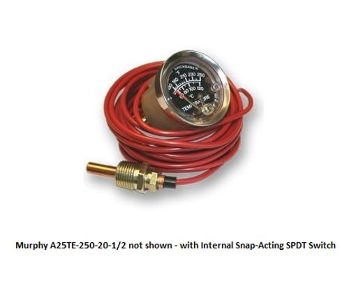 Murphy 130-250F Temperature Swichgage 2.5 in. with 20 Ft Capillary and Snap-Acting Switch - A25TE-250-20-1/2