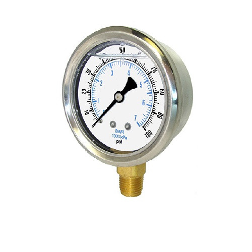 PIC 0-100 PSI Glycerine Filled Pressure Gauge 1.5 in. with Stainless Steel Case and Copper Alloy Internals - 201L-158E
