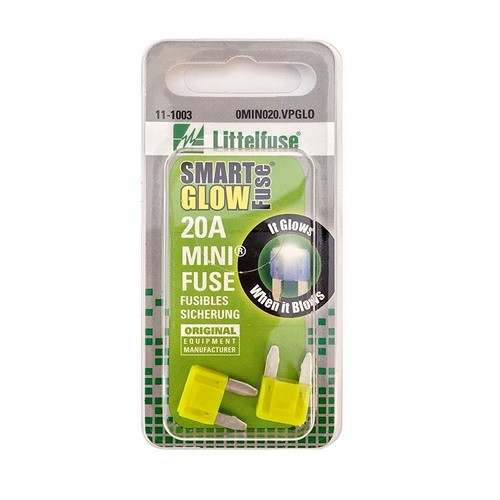 Littelfuse MINI Smart Glow Blade Fuse 20A 32VDC in Yellow - Carded - 0MIN020.VPGLO