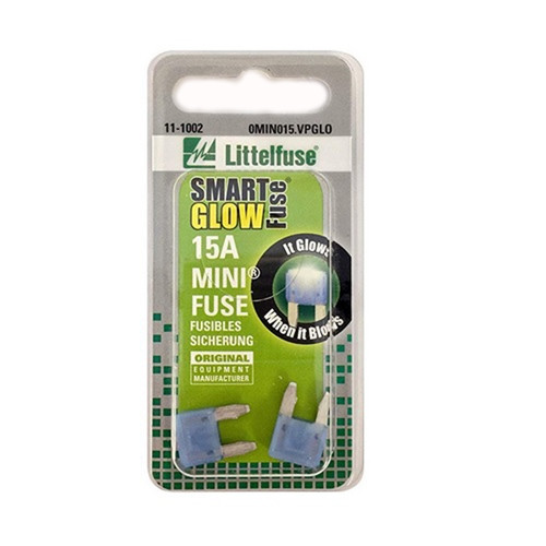 Littelfuse MINI Smart Glow Blade Fuse 15A 32VDC in Blue - Carded - 0MIN015.VPGLO