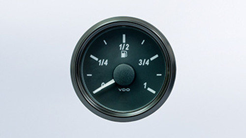 VDO SingleViu Fuel Gauge 52mm European 0-1/1 scale. 90-5 ohm sender required (tube type). Retail pack with harness
