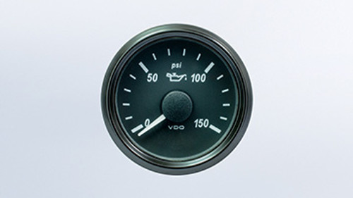 VDO SingleViu Oil Pressure Gauge 52mm 150psi oil pressure gauge. 0-180 ohm sender required. Retail pack with harness