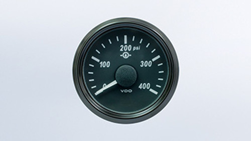 VDO SingleViu Oil Pressure Gauge 52mm 400psi gear 0-180 ohm sender required. Retail pack with harness