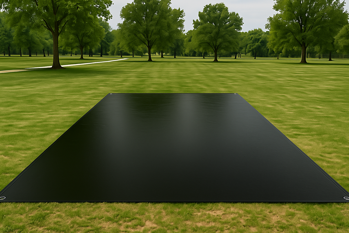 11x37' Black PVC Mat .40MM Edge Folded and Stiched w Grommets every 36" 11x37' Black PVC Mat .40MM Edge Folded and Stiched w Grommets every 36"