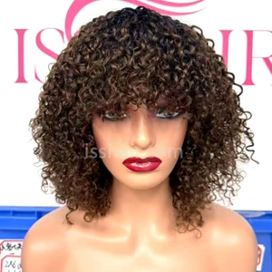 Fringe bangs 12inch bob Double Drawn Pixie Curly 200% density ombre 1b/4 black roots medium cap available