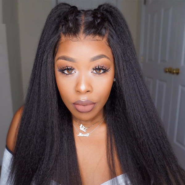 Lace Front Wig 150% Density Pre-plucked Remy Virgin Human Hair Kinky Straight