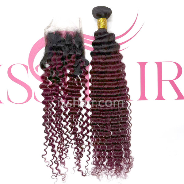 4X4 Closure Deep curly  Virgin Remy Human hair ombre 1b/99j only Transparent Available