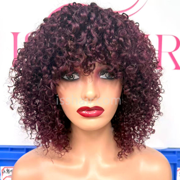 Fringe bangs 12inch bob Double Drawn Pixie Curly 200% density colour burgundy medium cap available
