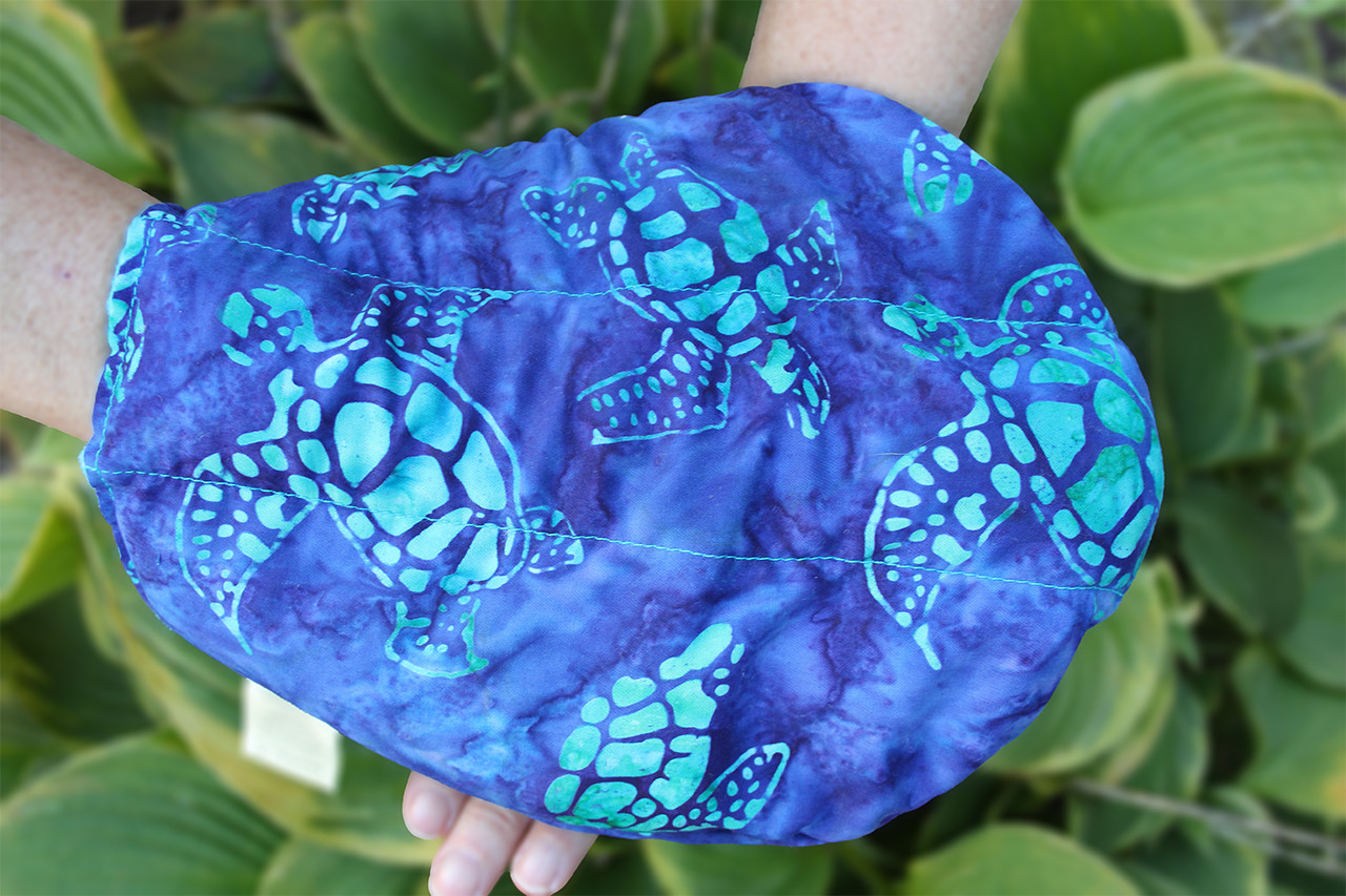 Hand Mitt Provide Relief from Hand and Wrist Pain - Batik Turtle Cotton, Aqua Flannel Back Fabric