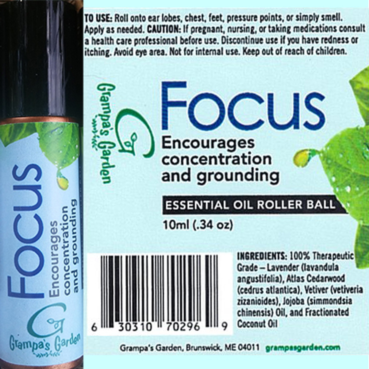 Focus Encourages Concentration and Grounding Essential Oil Roller Ball by Grampa's Garden Made in Maine