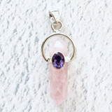 Rose Quartz Point with Faceted Amethyst Sterling Silver Pendant