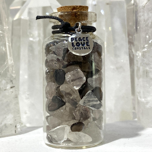 Little Bottle of Smoky Quartz and Crystal Quartz Chips