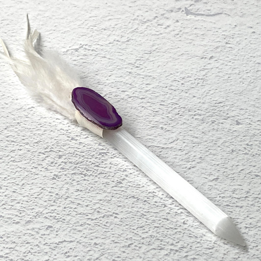 Magical Feather Selenite Wand With a Purple Agate Slice