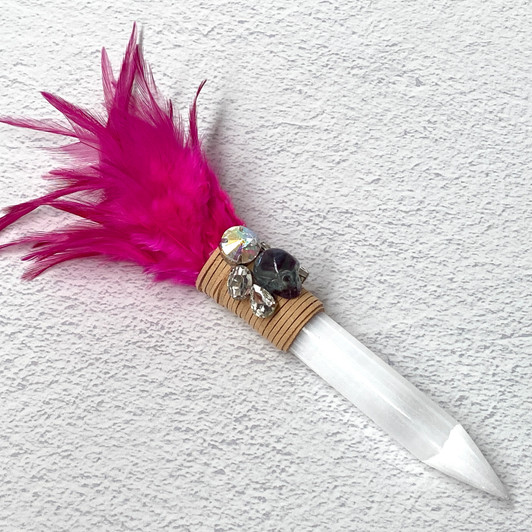 Magical Feather Selenite Wand With Fluorite Skull