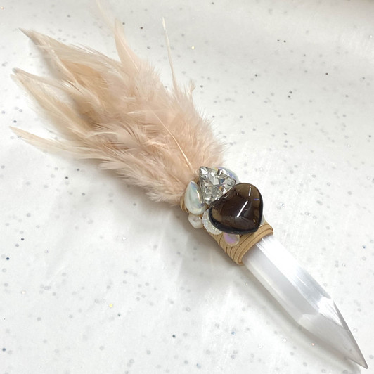 Magical Smoky Quartz Heart Feather Selenite Wand