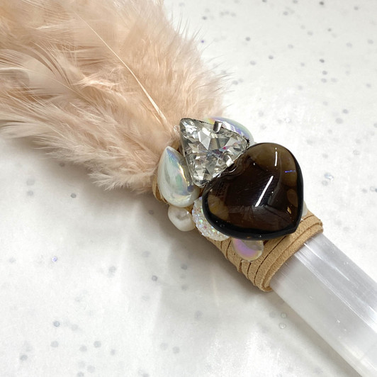 Magical Smoky Quartz Heart Feather Selenite Wand 