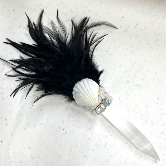 Magical Mermaid Black Feather Selenite Wand