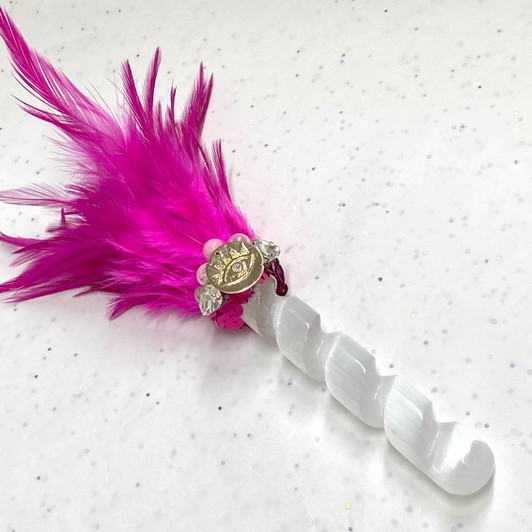 Magical Golden Eye Pink Feather Selenite Wand