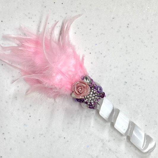 Magical Pink Rose Feather Selenite Wand