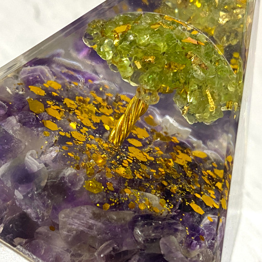 Peridot Tree of Life with Amethyst Orgonite Pyramid