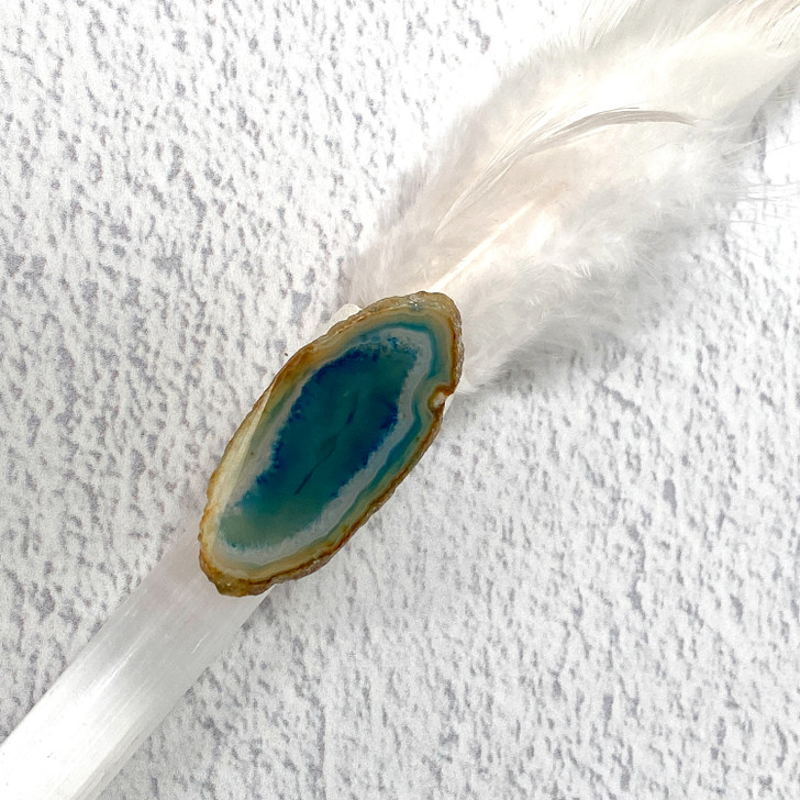 Magical Feather Selenite Wand With a Blue Agate Slice