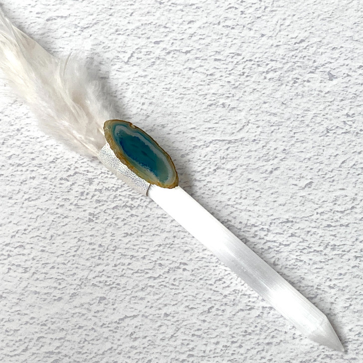 Magical Feather Selenite Wand With a Blue Agate Slice