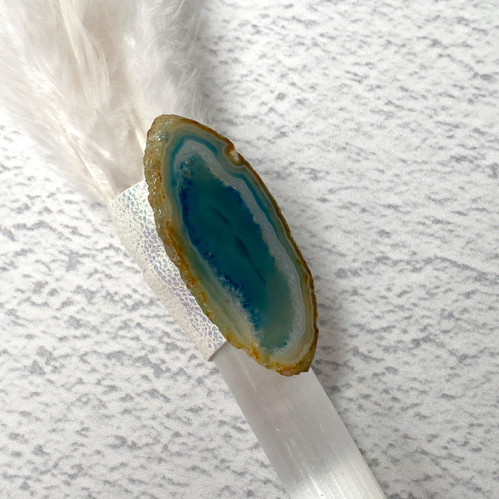 Magical Feather Selenite Wand With a Blue Agate Slice