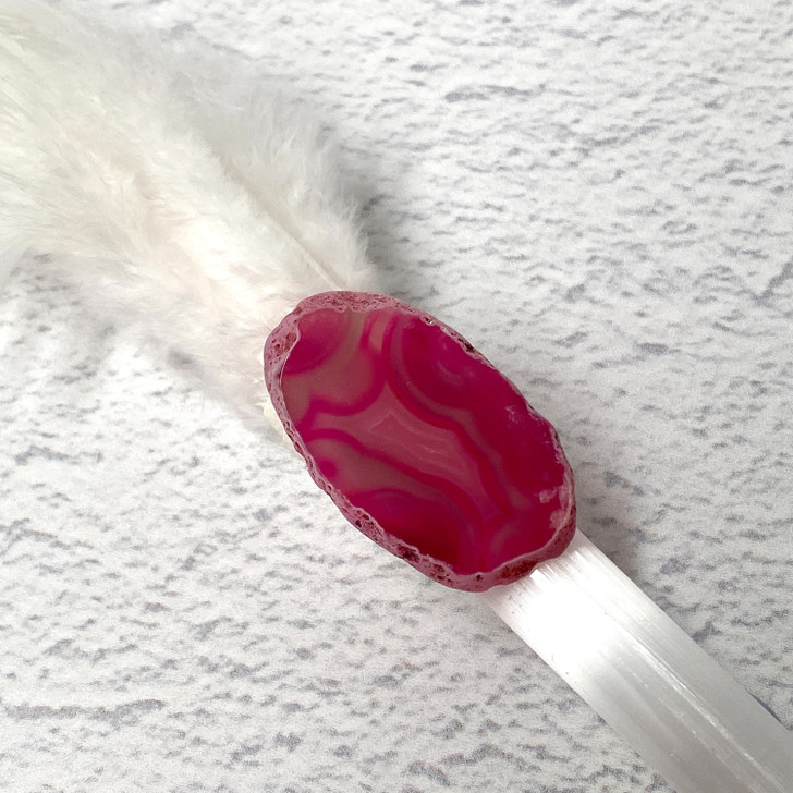 Magical Feather Selenite Wand With a Pink Agate Slice