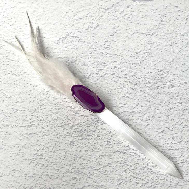 Magical Feather Selenite Wand With a Purple Agate Slice