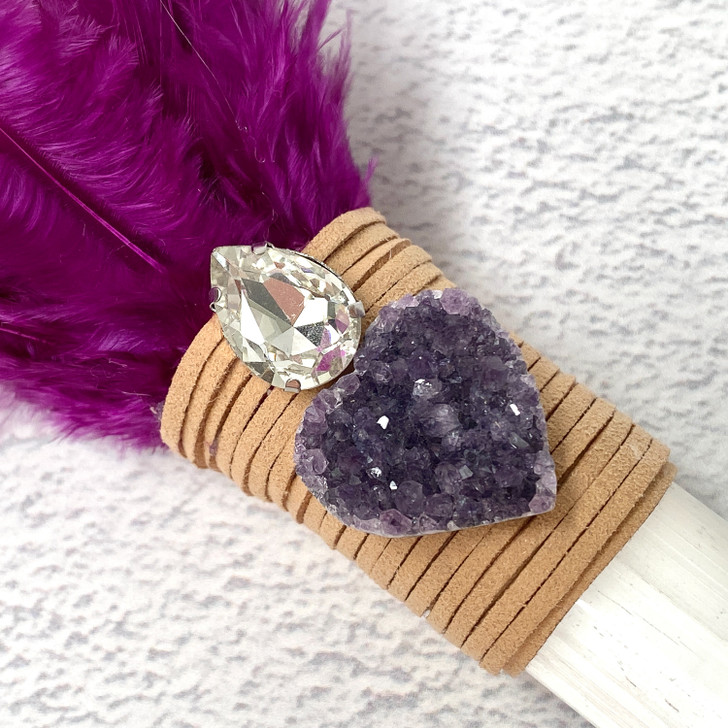 Magical Feather Selenite Wand With Amethyst Druzy Heart