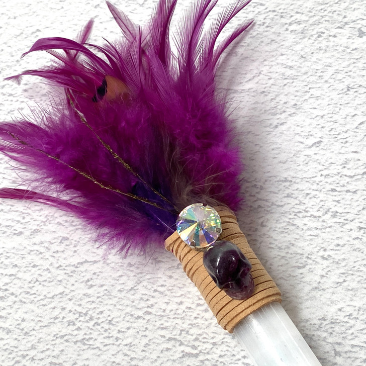 Magical Feather Selenite Wand With Fluorite Skull