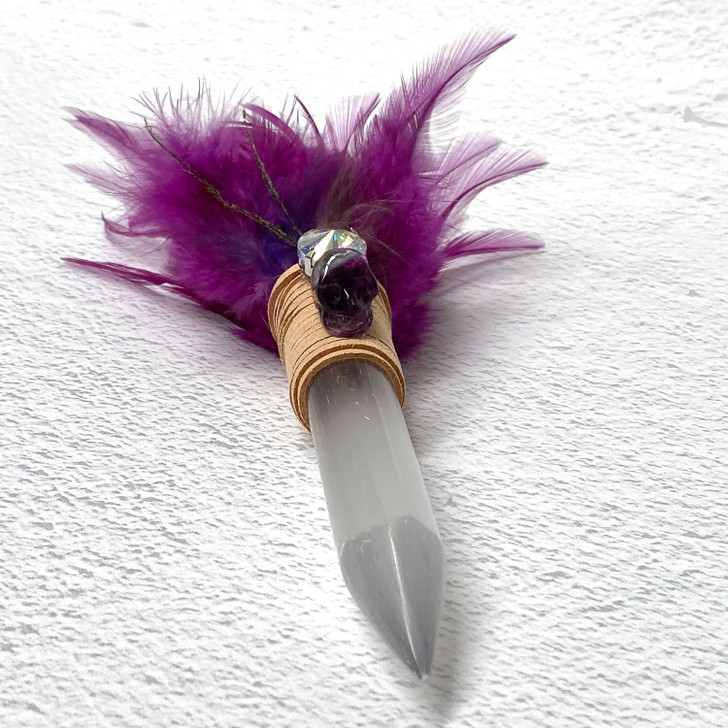 Magical Feather Selenite Wand With Fluorite Skull