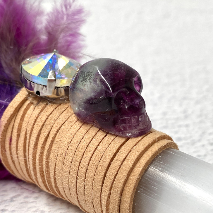 Magical Feather Selenite Wand With Fluorite Skull