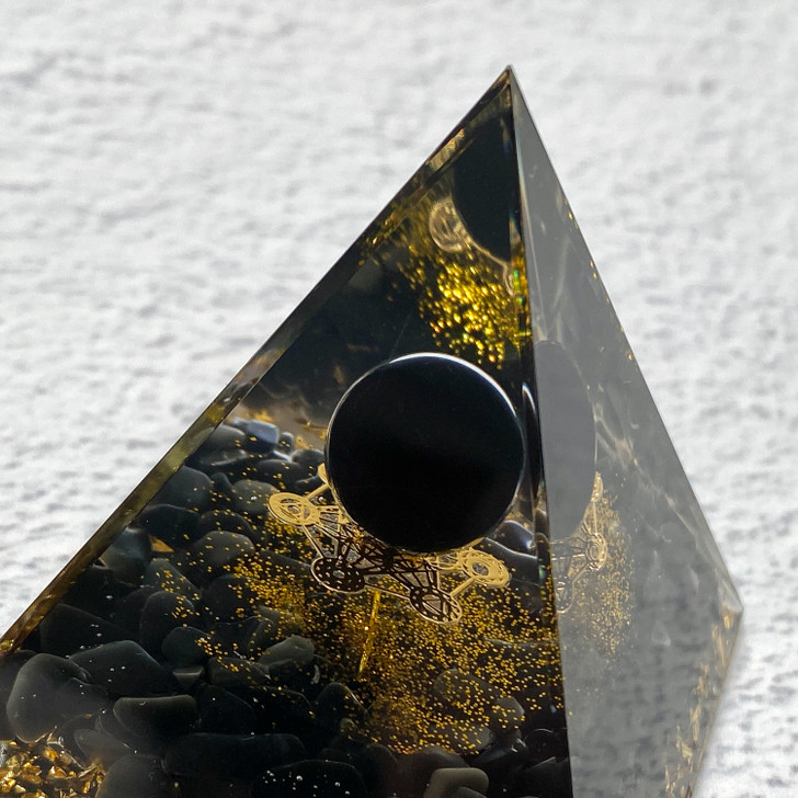 Black Obsidian Planet with Sacred Geometry Orgonite Pyramid