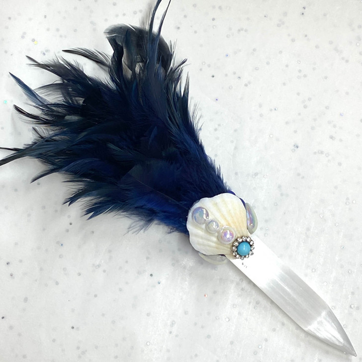 Magical Mermaid Blue Feather Selenite Wand #W005