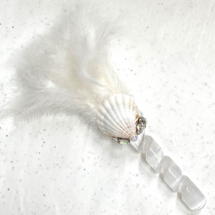 Magical Mermaid White Feather Selenite Wand #W009
