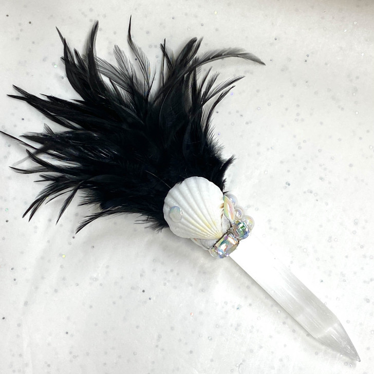 Magical Mermaid Black Feather Selenite Wand #W010
