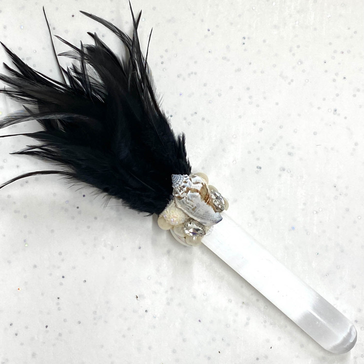 Magical Mermaid Black Feather Selenite Wand #W014