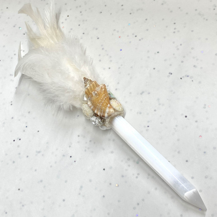 Magical Mermaid White Feather Selenite Wand #W018