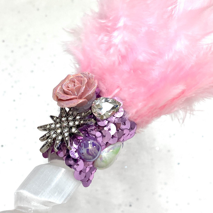 Magical Pink Rose Feather Selenite Wand